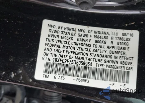 2016 Honda Civic Ex из США, поврежденный, VIN 19XFC2F75GE058964